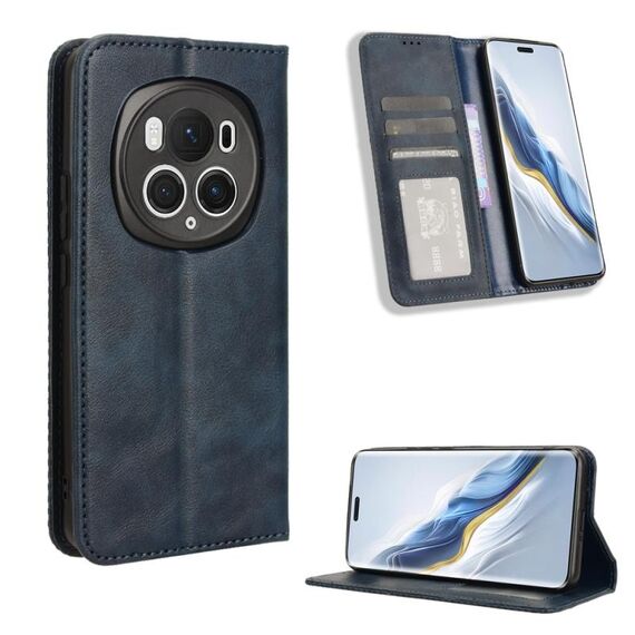 Custodia per telefono in pelle con texture retrò con fibbia magnetica per Honor Magic6 Pro 5G (blu)