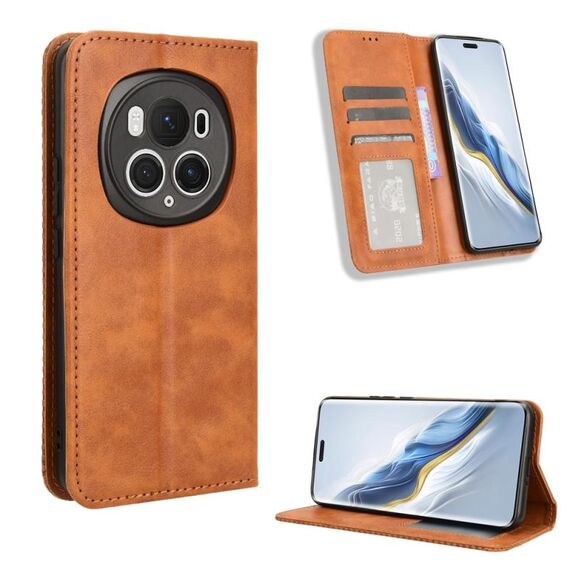 Custodia per telefono in pelle con texture retrò con fibbia magnetica per Honor Magic6 Pro 5G (marrone)
