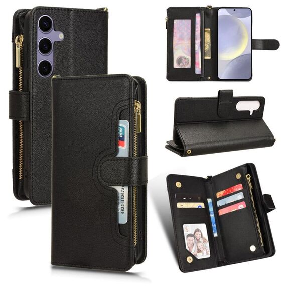 Custodia per telefono in pelle con cerniera texture litchi per Samsung Galaxy S24+ 5G (nera)