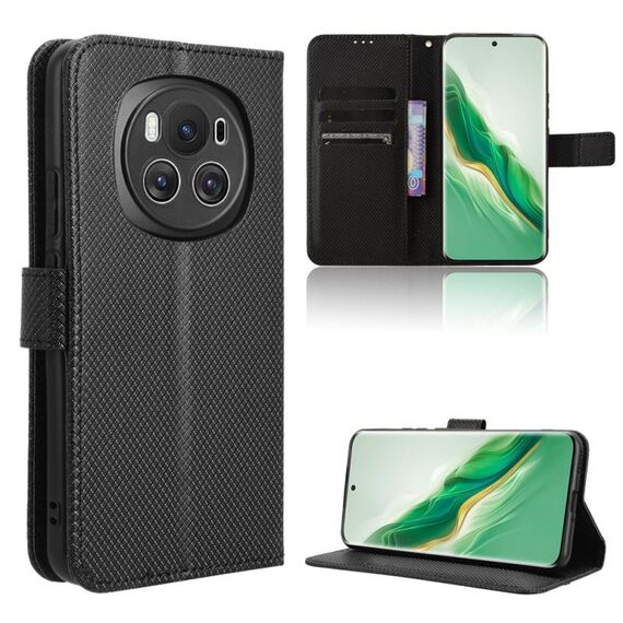 Custodia per cellulare in pelle con texture diamante Honor Magic6 5G (nera)