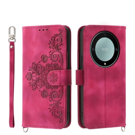 Custodia per telefono in pelle a portafoglio con fiori in rilievo per Honor X9a (vino rosso)