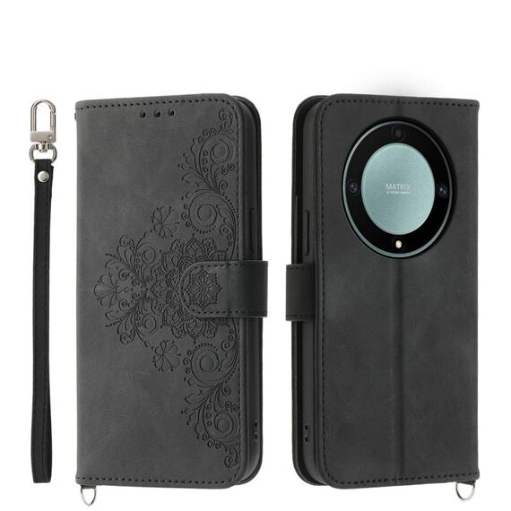 Custodia per telefono in pelle a portafoglio con fiori in rilievo per Honor X9a (nero)