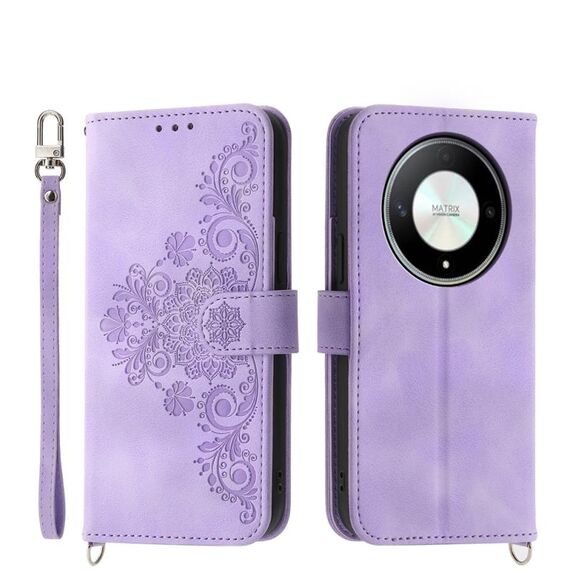 Custodia per telefono in pelle a portafoglio con fiori in rilievo per Honor X9b (viola)