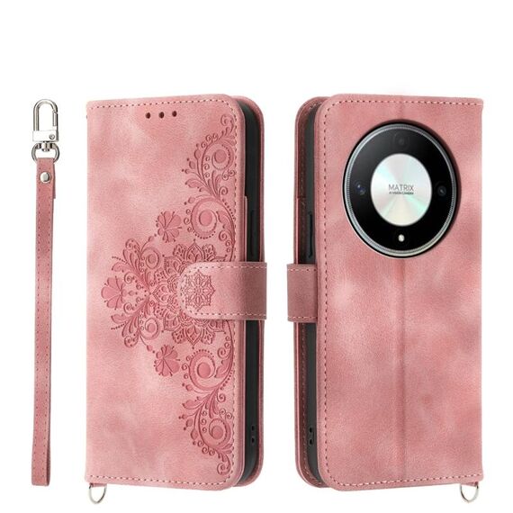 Custodia per telefono in pelle a portafoglio con fiori in rilievo per Honor X9b (rosa)