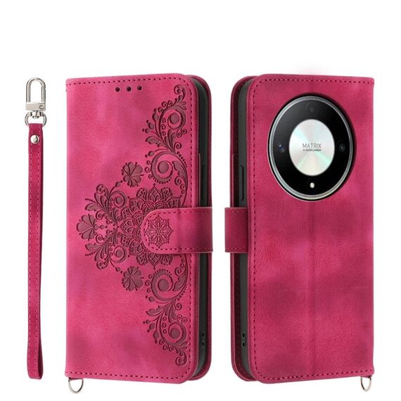 Custodia per telefono in pelle a portafoglio con fiori in rilievo per Honor X9b (vino rosso)
