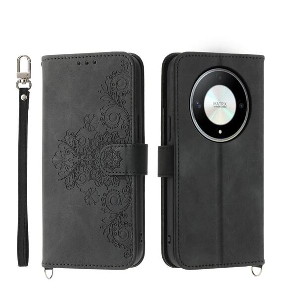 Custodia per cellulare in pelle a portafoglio con fiori in rilievo per Honor X9b (nera)