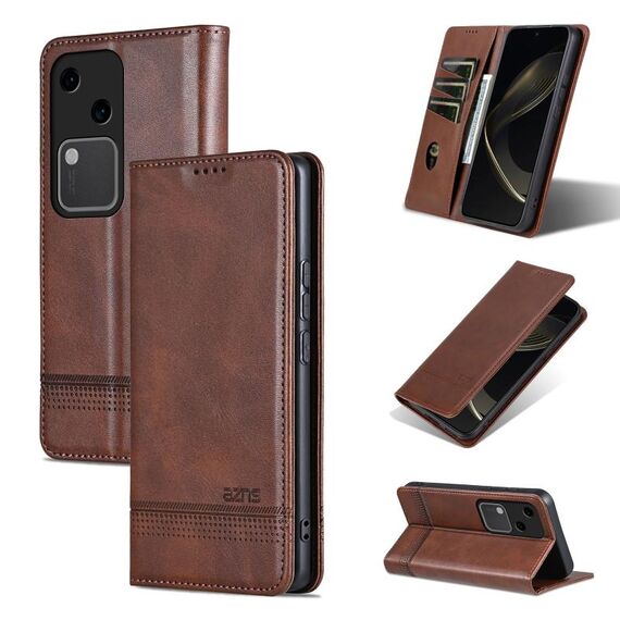 Custodia per telefono in pelle magnetica con texture di vitello AZNS per vivo S18 (marrone scuro)