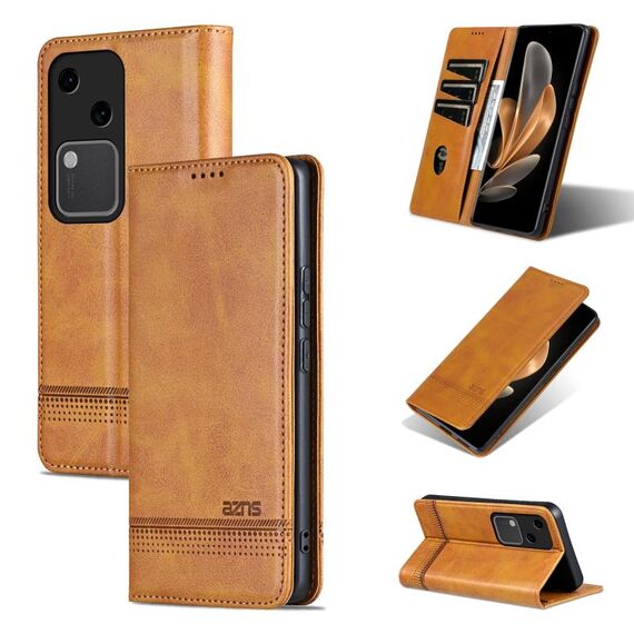 Custodia per telefono in pelle magnetica con texture di vitello AZNS per vivo S18 (marrone chiaro)