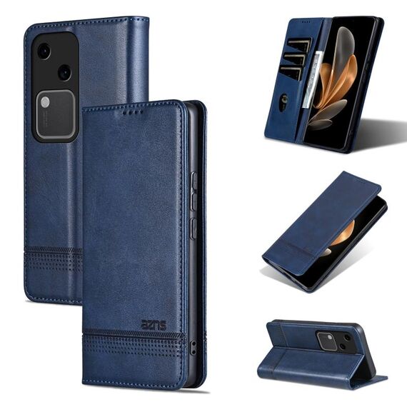 Custodia per telefono in pelle magnetica con texture di vitello AZNS per vivo S18 (blu scuro)