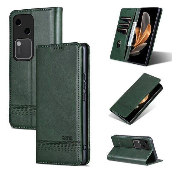 Custodia per telefono in pelle magnetica con texture di vitello AZNS per vivo S18 (verde scuro)