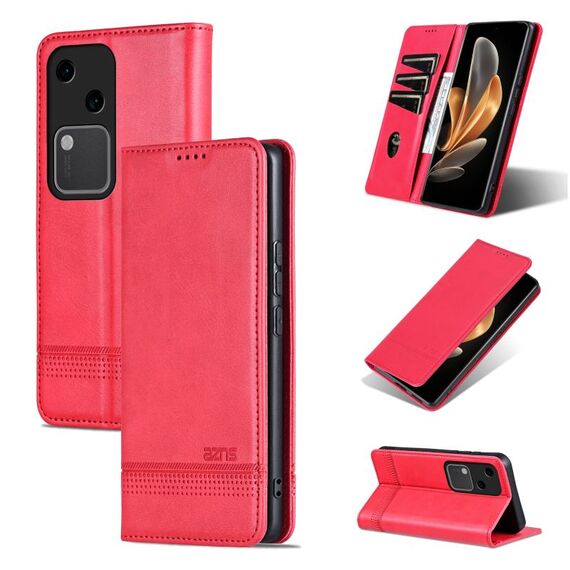 Custodia per telefono in pelle magnetica con texture di vitello AZNS per vivo S18 (rossa)