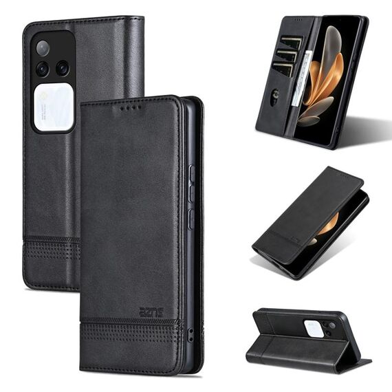 Custodia per telefono in pelle magnetica con texture di vitello AZNS per vivo S18 Pro (nera)