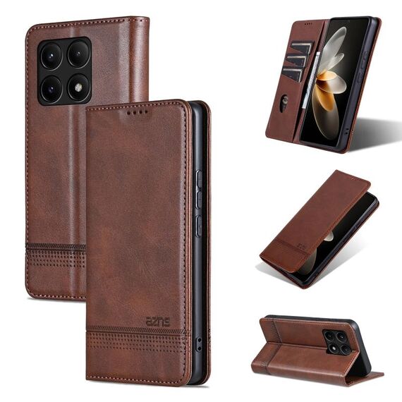 Per Xiaomi Redmi K70/K70 Pro AZNS custodia magnetica in pelle di vitello con vibrazione (marrone scuro)