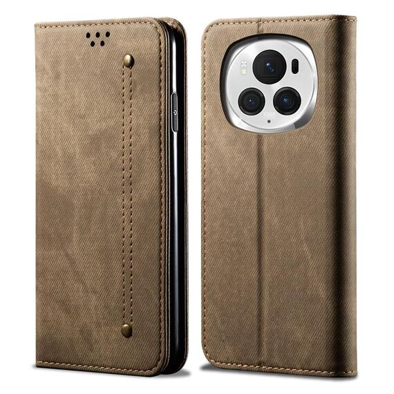 Custodia per telefono in pelle flip con texture denim per Honor Magic6 Pro (cachi)