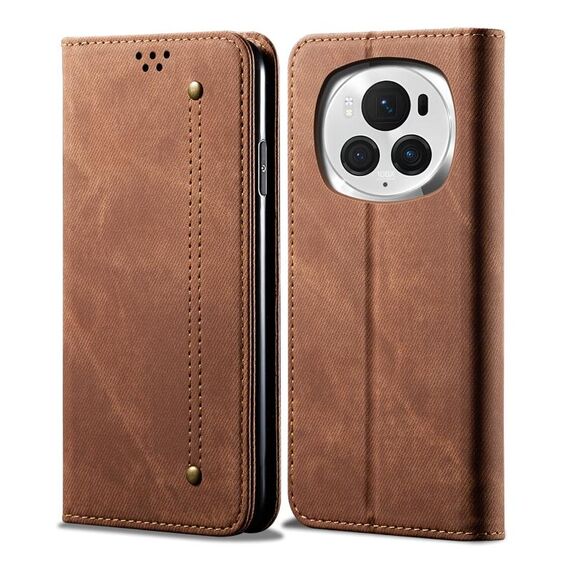 Custodia per telefono in pelle flip con texture denim per Honor Magic6 Pro (marrone)