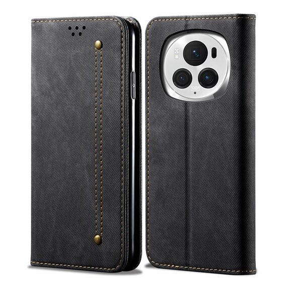 Custodia per cellulare in pelle flip con texture denim per Honor Magic6 Pro (nera)