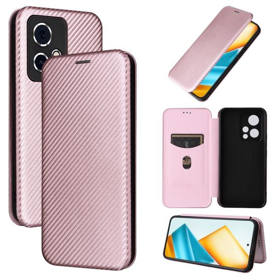 Custodia per cellulare in pelle flip con texture in fibra di carbonio per Honor 90 GT (rosa)