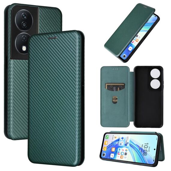 Custodia per cellulare in pelle flip con texture in fibra di carbonio per Honor X7b (verde)