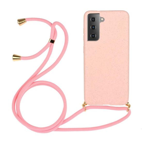 Per Samsung Galaxy S24+ 5G Materiale in paglia di grano + Custodia in TPU con cordino (rosa)