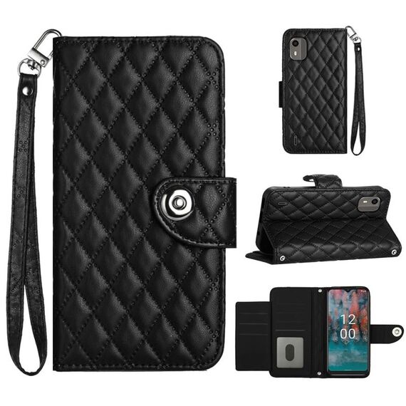 Custodia per cellulare in pelle con texture rombica per Nokia C12 con cordino (nero)