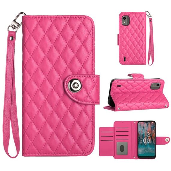 Custodia per cellulare in pelle con texture rombica per Nokia C12 con cordino (rosa rossa)