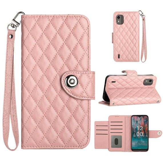 Custodia per cellulare in pelle con texture rombica per Nokia C12 con cordino (rosa corallo)