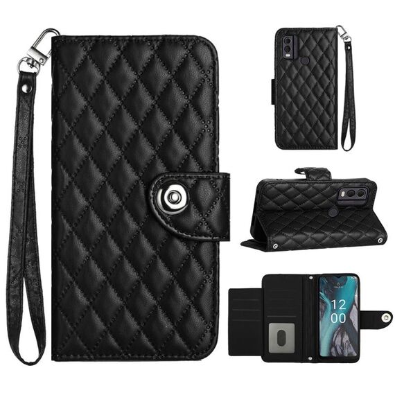 Custodia per cellulare in pelle con texture rombica per Nokia C22 con cordino (nero)