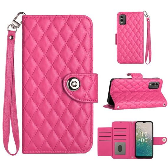 Custodia per cellulare in pelle con texture rombica per Nokia C32 con cordino (rosa rossa)