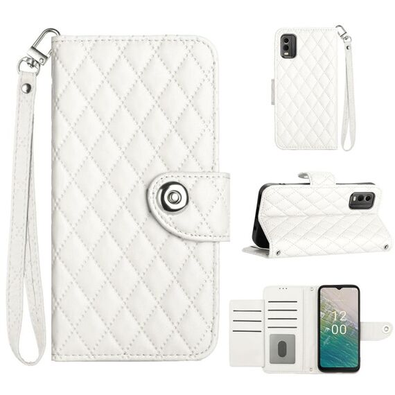 Custodia per cellulare in pelle con texture rombica per Nokia C32 con cordino (bianca)