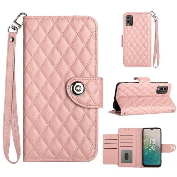 Custodia per cellulare in pelle con texture rombica per Nokia C32 con cordino (rosa corallo)