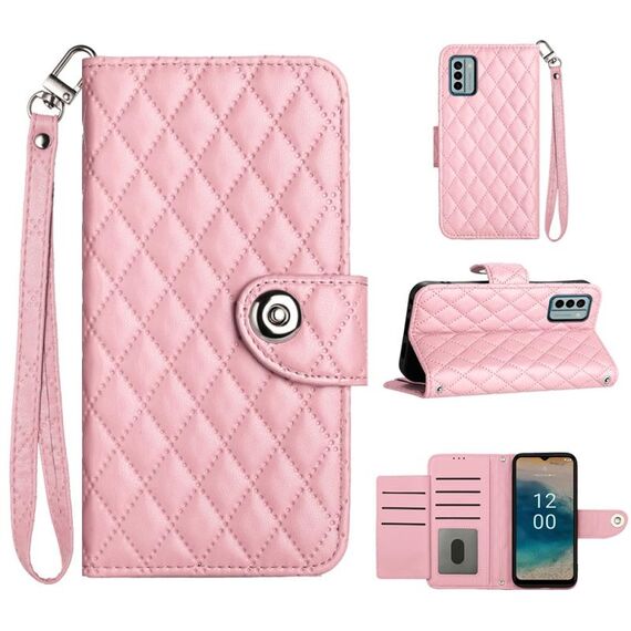 Custodia per cellulare in pelle con texture rombica per Nokia G22 con cordino (rosa)