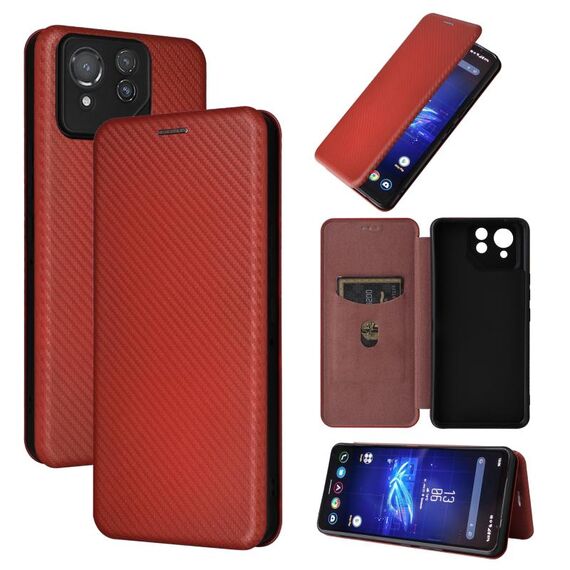 Custodia per telefono in pelle flip con texture in fibra di carbonio per ASUS ROG Phone 8 Pro (marrone)