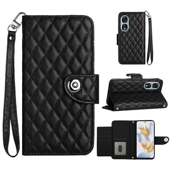 Per Honor 90 Custodia per cellulare in pelle con texture rombica con cordino (nera)