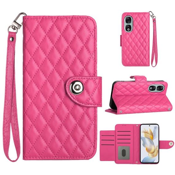 Custodia per cellulare in pelle con texture rombica per Honor 90 con cordino (rosa rossa)