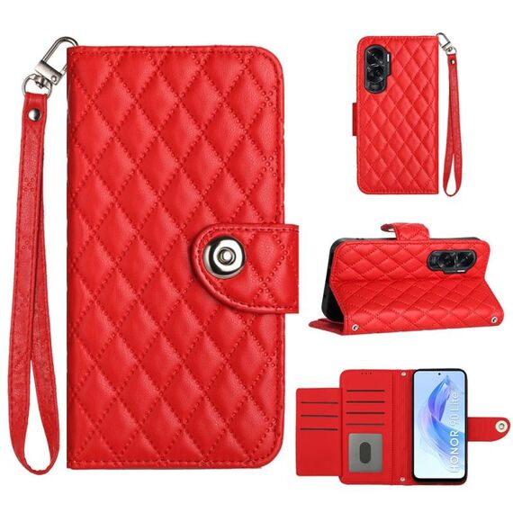 Custodia per cellulare in pelle con texture rombica per Honor 90 Lite con cordino (rosso)