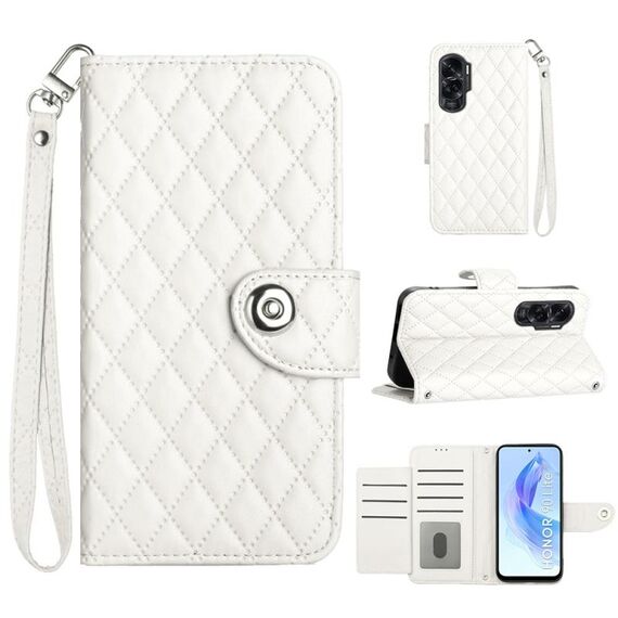 Per Honor 90 Lite Custodia per cellulare in pelle con texture rombica con cordino (bianca)