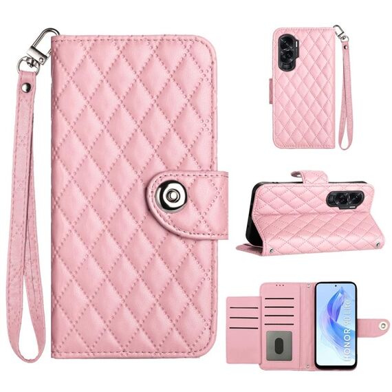 Custodia per cellulare in pelle con texture rombica per Honor 90 Lite con cordino (rosa)