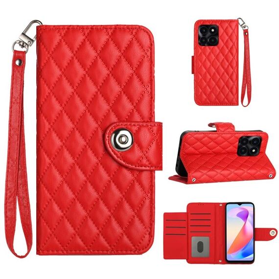 Custodia per cellulare in pelle con texture rombica per Honor X6a con cordino (rosso)