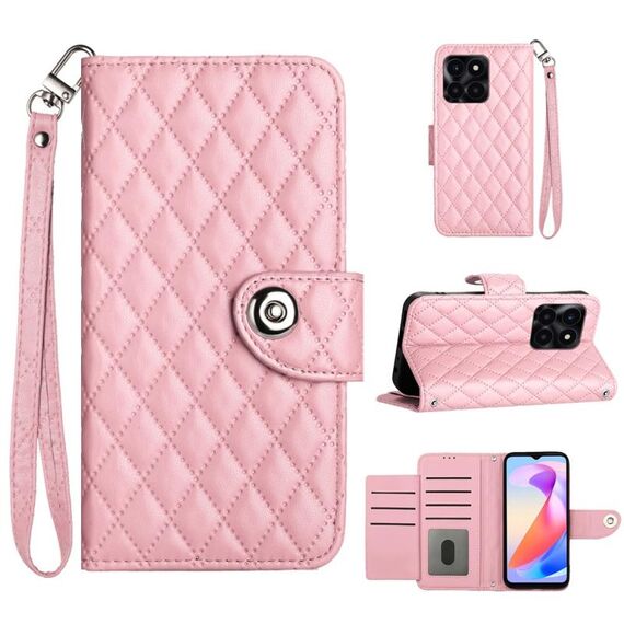 Custodia per cellulare in pelle con texture rombica per Honor X6a con cordino (rosa)