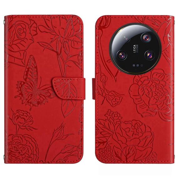 Custodia per telefono in pelle Flip in rilievo con farfalla Ultra Skin Feel per Xiaomi 14 (rossa)