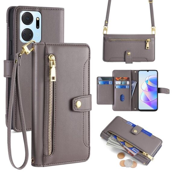 Per Honor X7a Lite Custodia per cellulare in pelle con cerniera a tracolla con texture di pecora (grigio)