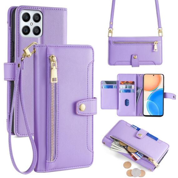 Per Honor X8 Lite Custodia per cellulare in pelle con cerniera a tracolla con texture di pecora (viola)