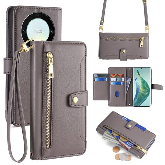 Per Honor X9a Lite Custodia per cellulare in pelle con cerniera a tracolla con texture di pecora (grigio)