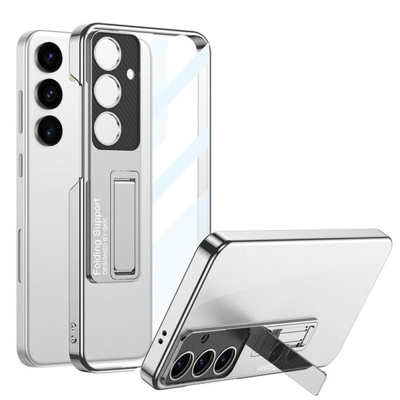 Per Samsung Galaxy S24 5G GKK Custodia protettiva per telefono galvanica a copertura totale con supporto (Argento)