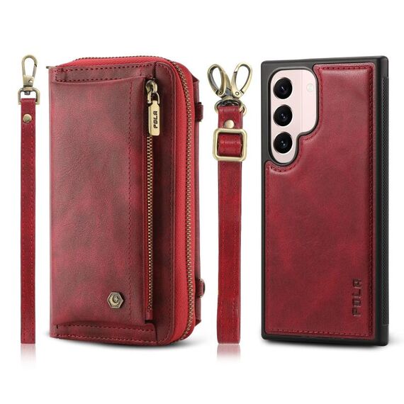 Custodia per telefono in pelle a portafoglio multifunzionale con cerniera a tracolla per Samsung Galaxy S22 5G (rosso)