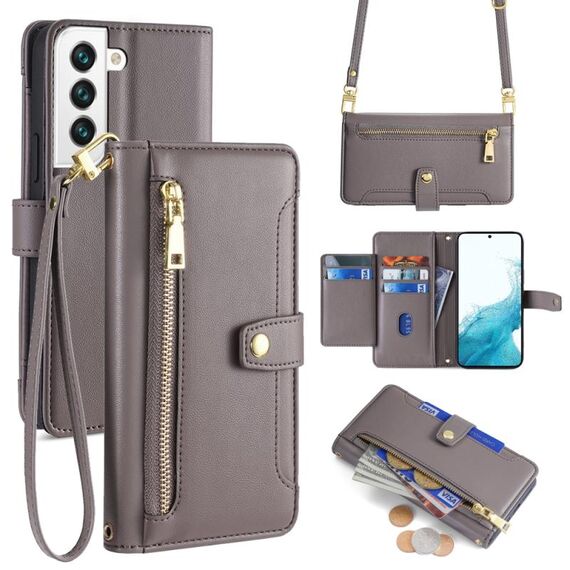 Per Samsung Galaxy S22 5G Custodia per telefono in pelle con cerniera a tracolla con trama di pecora (grigio)