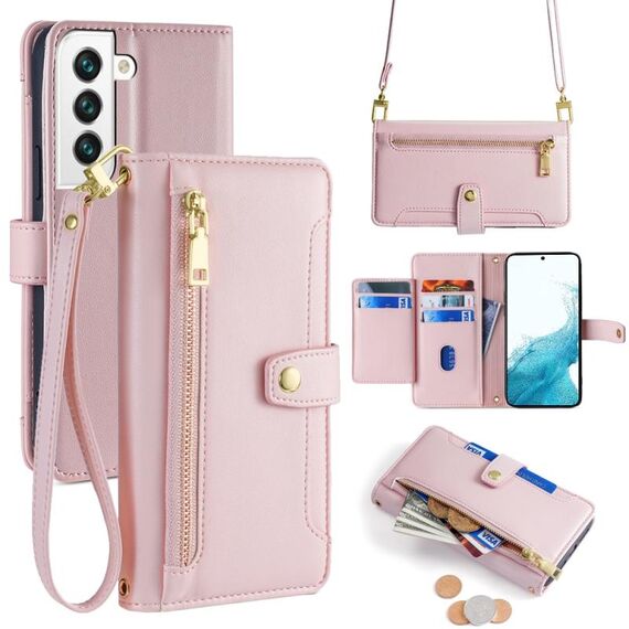 Per Samsung Galaxy S22 5G Custodia per telefono in pelle con cerniera a tracolla con trama di pecora (rosa)