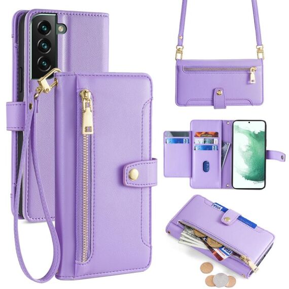 Per Samsung Galaxy S22+ 5G Custodia per telefono in pelle con cerniera a tracolla con trama di pecora (viola)