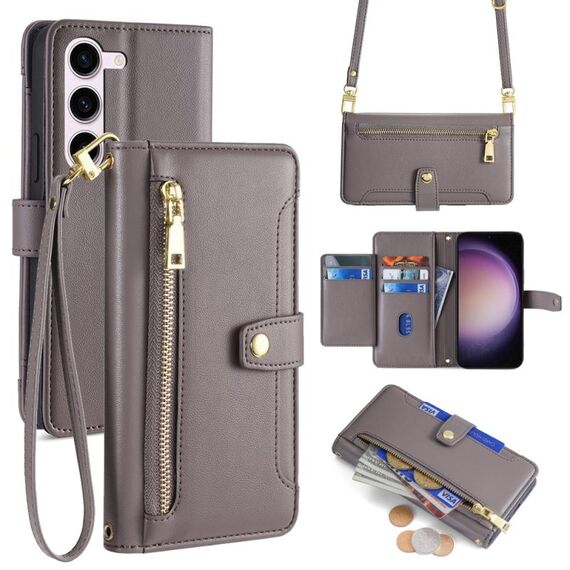 Per Samsung Galaxy S23 5G Custodia per telefono in pelle con cerniera a tracolla con trama di pecora (grigio)
