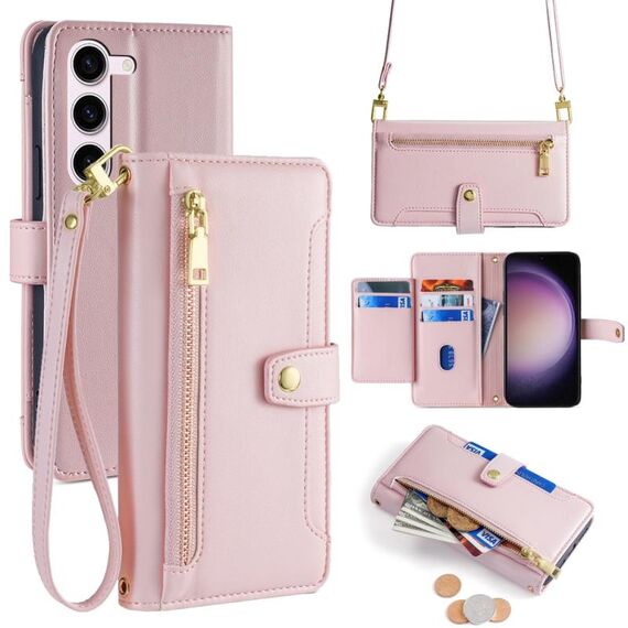 Per Samsung Galaxy S24 5G Custodia per telefono in pelle con cerniera a tracolla con trama di pecora (rosa)